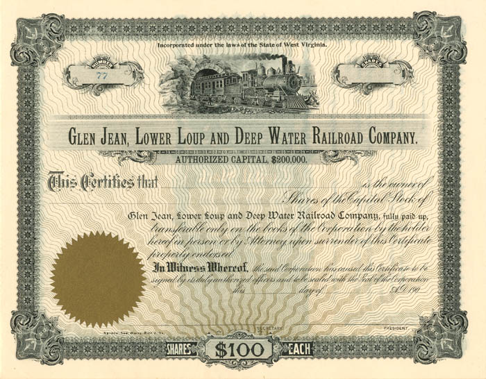 Glen Jean, Lower Loup and Deep Water Railroad Co. - 1900's dated Unissued Railway Stock Certificate